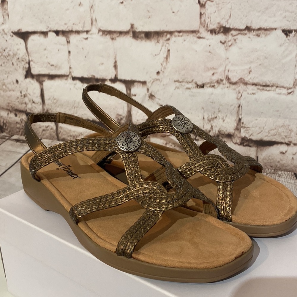 Minnetonka Metallic Bronze Braided Slingback Sandals